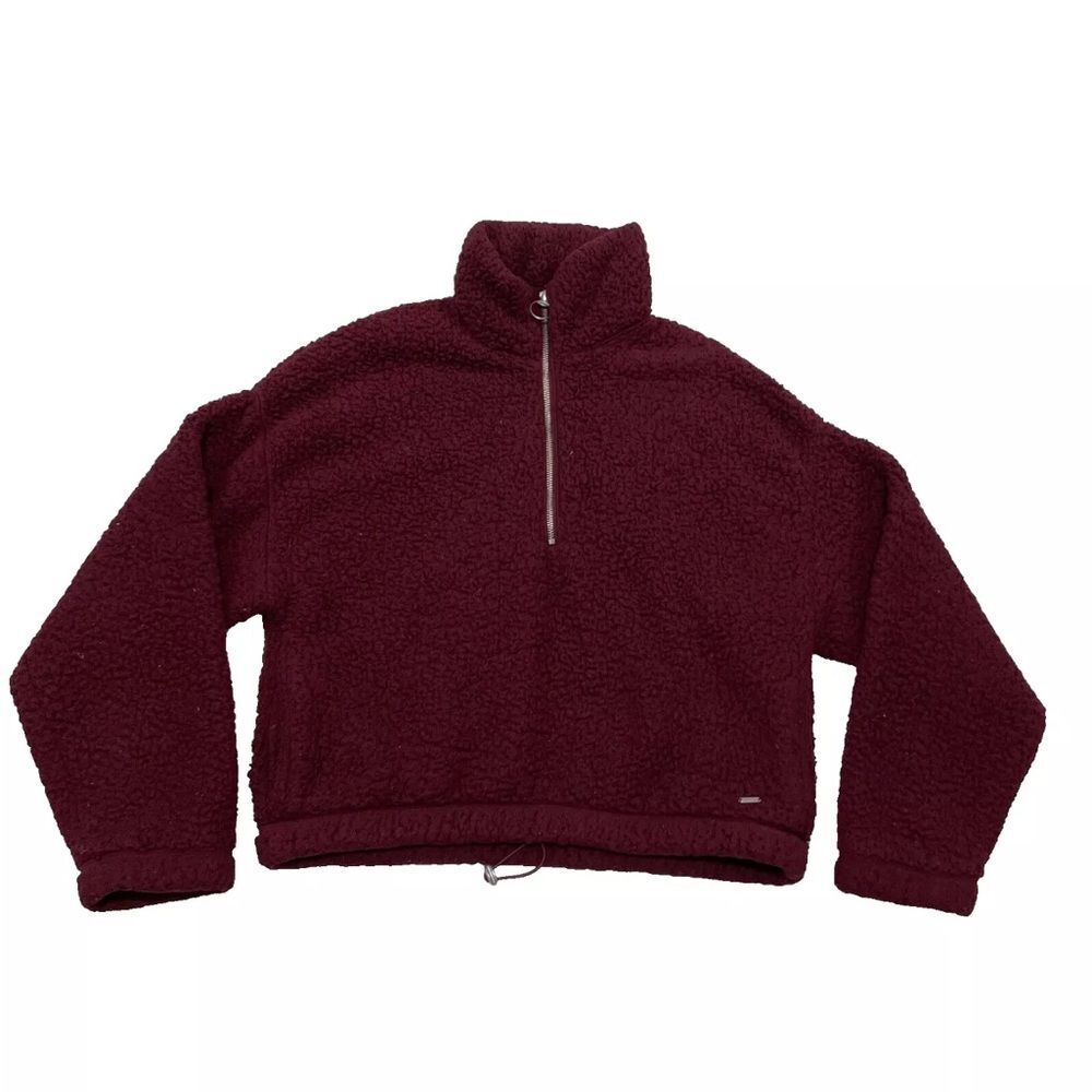 HOLLISTER Sherpa Fleece Sweater Womens M 1/2 Zip Crop Maroon Red Metal Hoop M